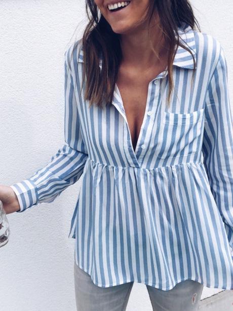 Women's Blouses Striped Button Pocket Long Sleeve Blouse - LuckyFash™