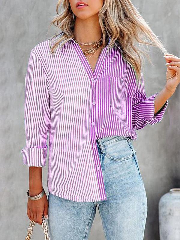 Women's Blouses Striped Contrast Single-Breasted Long Sleeve Blouse - LuckyFash™