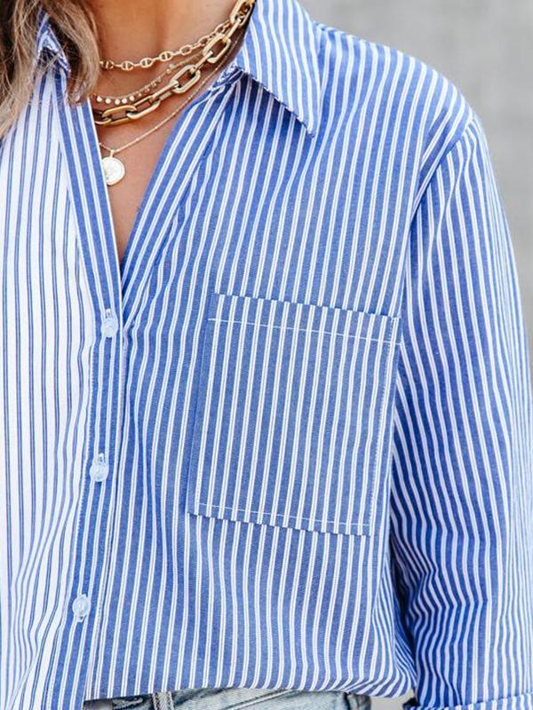 Women's Blouses Striped Contrast Single-Breasted Long Sleeve Blouse - LuckyFash™