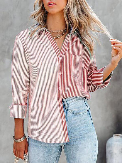 Women's Blouses Striped Contrast Single-Breasted Long Sleeve Blouse - LuckyFash™