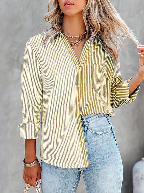 Women's Blouses Striped Contrast Single-Breasted Long Sleeve Blouse - LuckyFash™