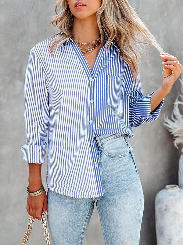 Women's Blouses Striped Contrast Single-Breasted Long Sleeve Blouse - LuckyFash™