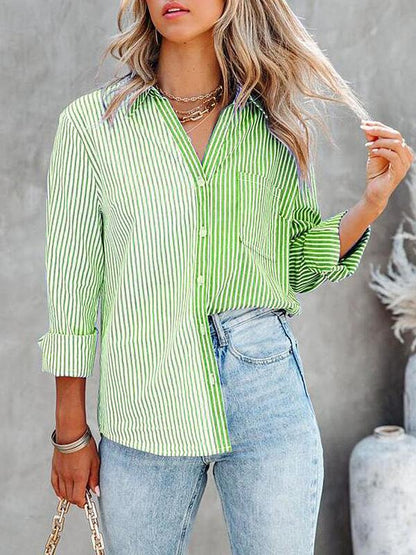 Women's Blouses Striped Contrast Single-Breasted Long Sleeve Blouse - LuckyFash™