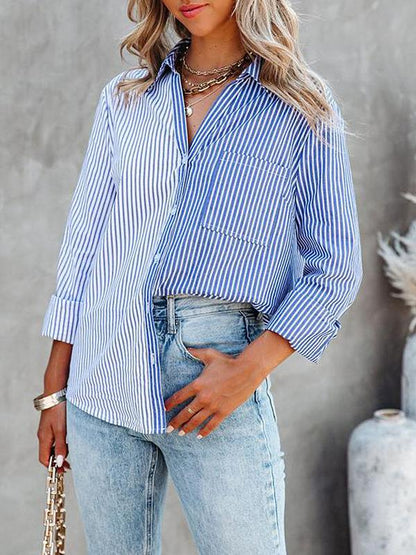 Women's Blouses Striped Contrast Single-Breasted Long Sleeve Blouse - LuckyFash™