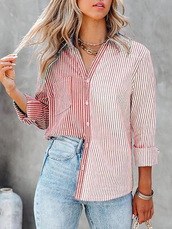 Women's Blouses Striped Contrast Single-Breasted Long Sleeve Blouse - LuckyFash™