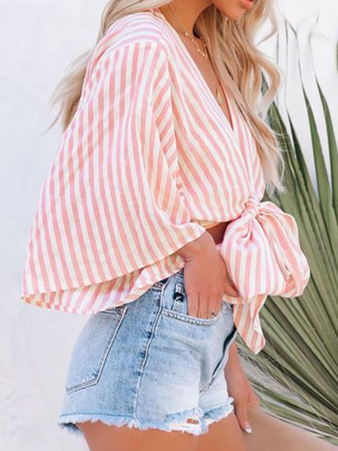 Blouses Striped Deep V-Neck Bow Mid-Sleves Blouse - LuckyFash™