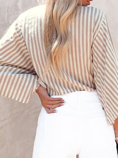 Blouses Striped Deep V-Neck Bow Mid-Sleves Blouse - LuckyFash™