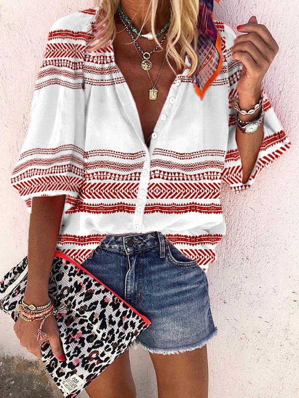 Blouses Striped Print Button Middle Sleeve Blouse - LuckyFash™