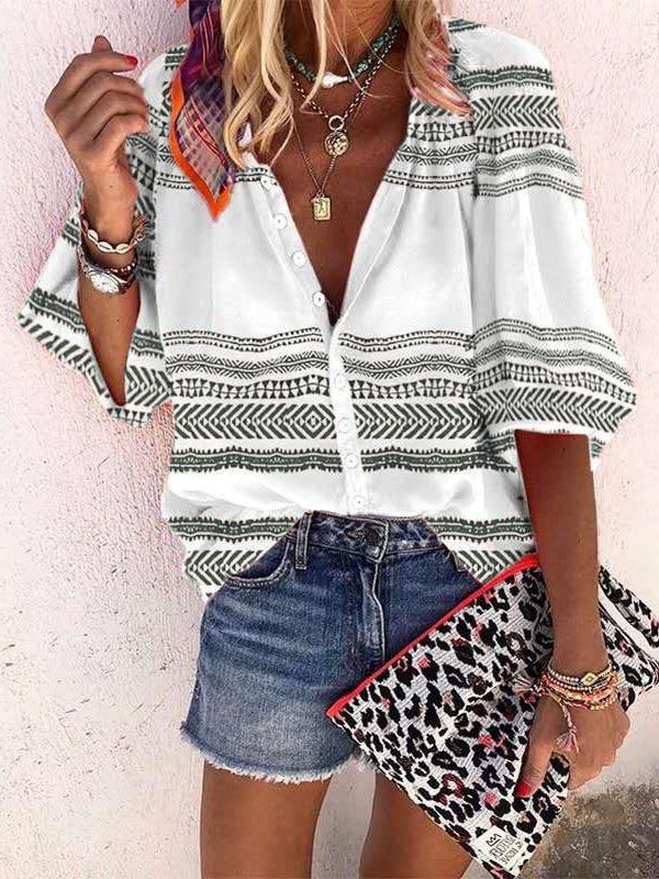 Blouses Striped Print Button Middle Sleeve Blouse - LuckyFash™