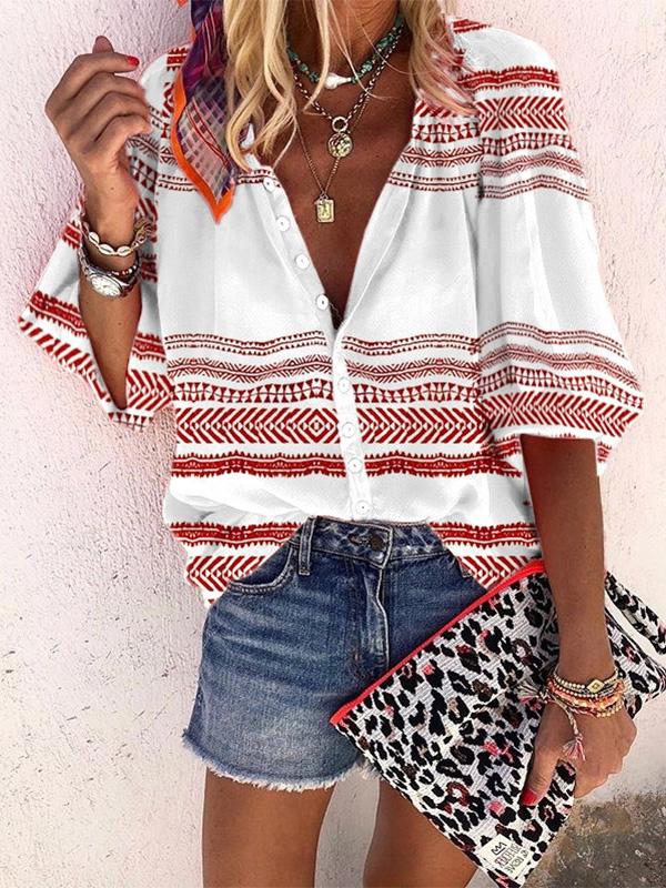 Blouses Striped Print Button Middle Sleeve Blouse - LuckyFash™