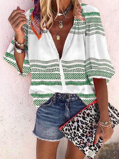 Blouses Striped Print Button Middle Sleeve Blouse - LuckyFash™