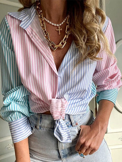 Women's Blouses Striped Print Single Breasted Long Sleeve Blouse - LuckyFash™