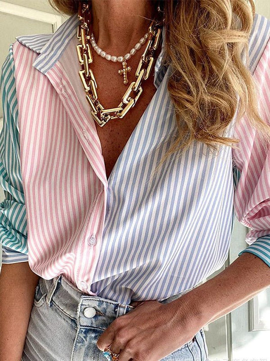 Women's Blouses Striped Print Single Breasted Long Sleeve Blouse - LuckyFash™