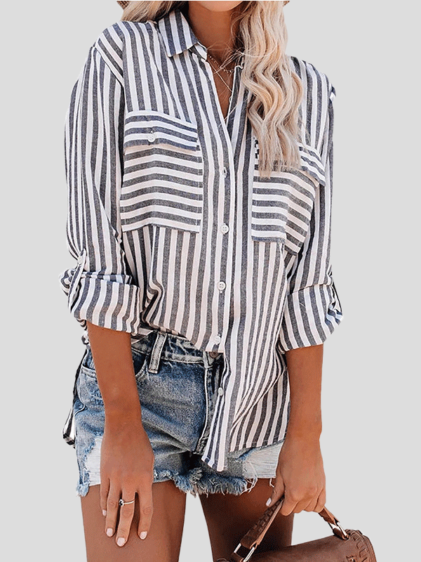 Women's Blouses Striped Single-Breasted Long Sleeve Blouse - LuckyFash™