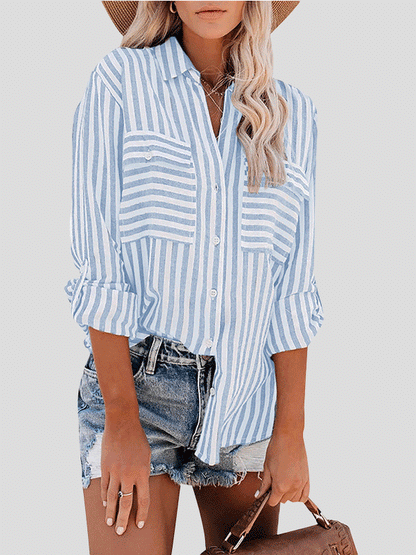 Women's Blouses Striped Single-Breasted Long Sleeve Blouse - LuckyFash™