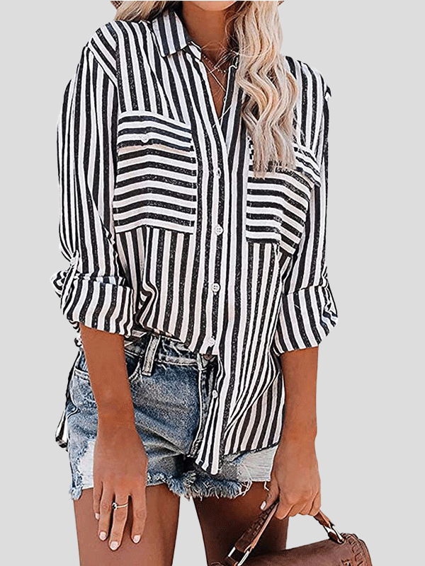 Women's Blouses Striped Single-Breasted Long Sleeve Blouse - LuckyFash™