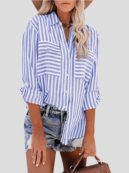 Women's Blouses Striped Single-Breasted Long Sleeve Blouse - LuckyFash™