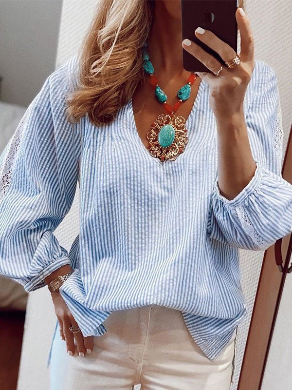 Women's Blouses Striped V-Neck Long Sleeve Blouse - LuckyFash™