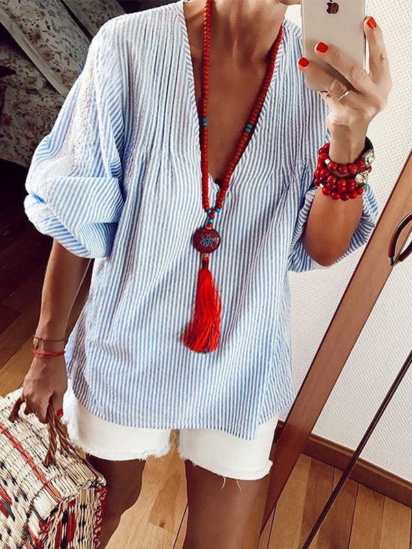 Women's Blouses Striped V-Neck Long Sleeve Blouse - LuckyFash™