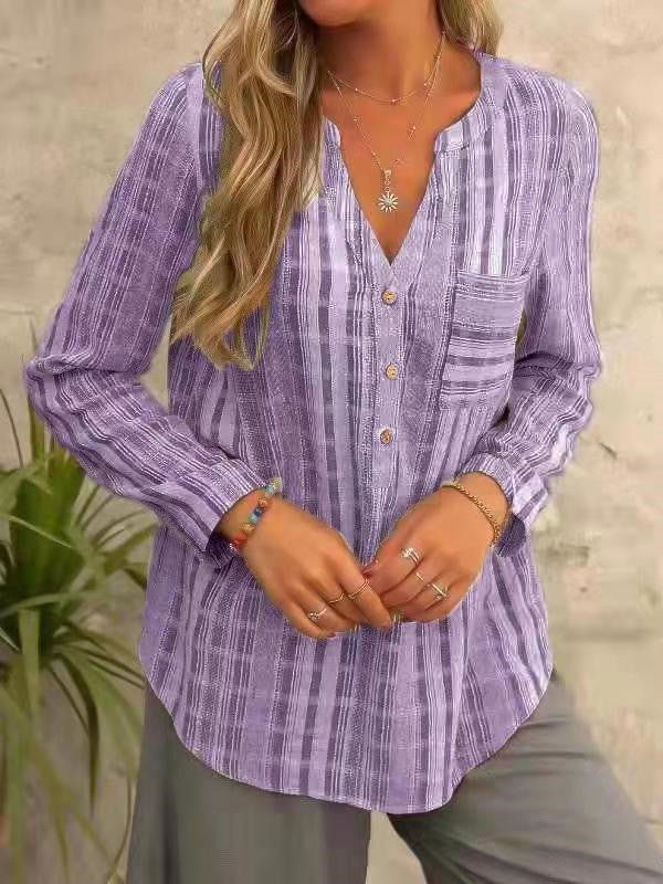 Women's Blouses Striped V-Neck Pocket Long Sleeve Blouse - LuckyFash™