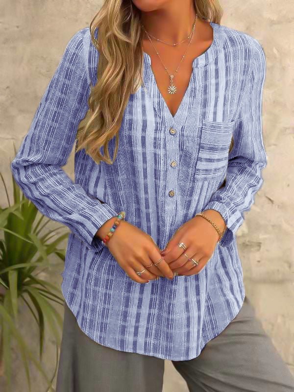 Women's Blouses Striped V-Neck Pocket Long Sleeve Blouse - LuckyFash™