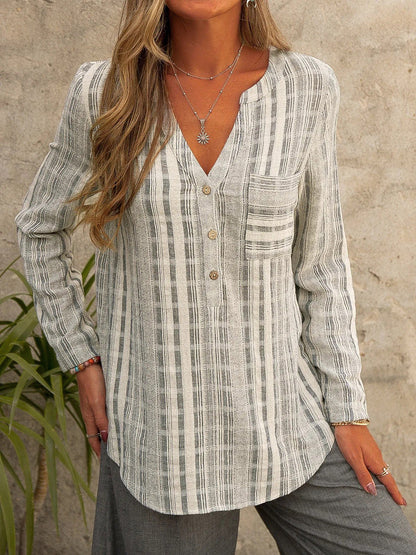 Women's Blouses Striped V-Neck Pocket Long Sleeve Blouse - LuckyFash™