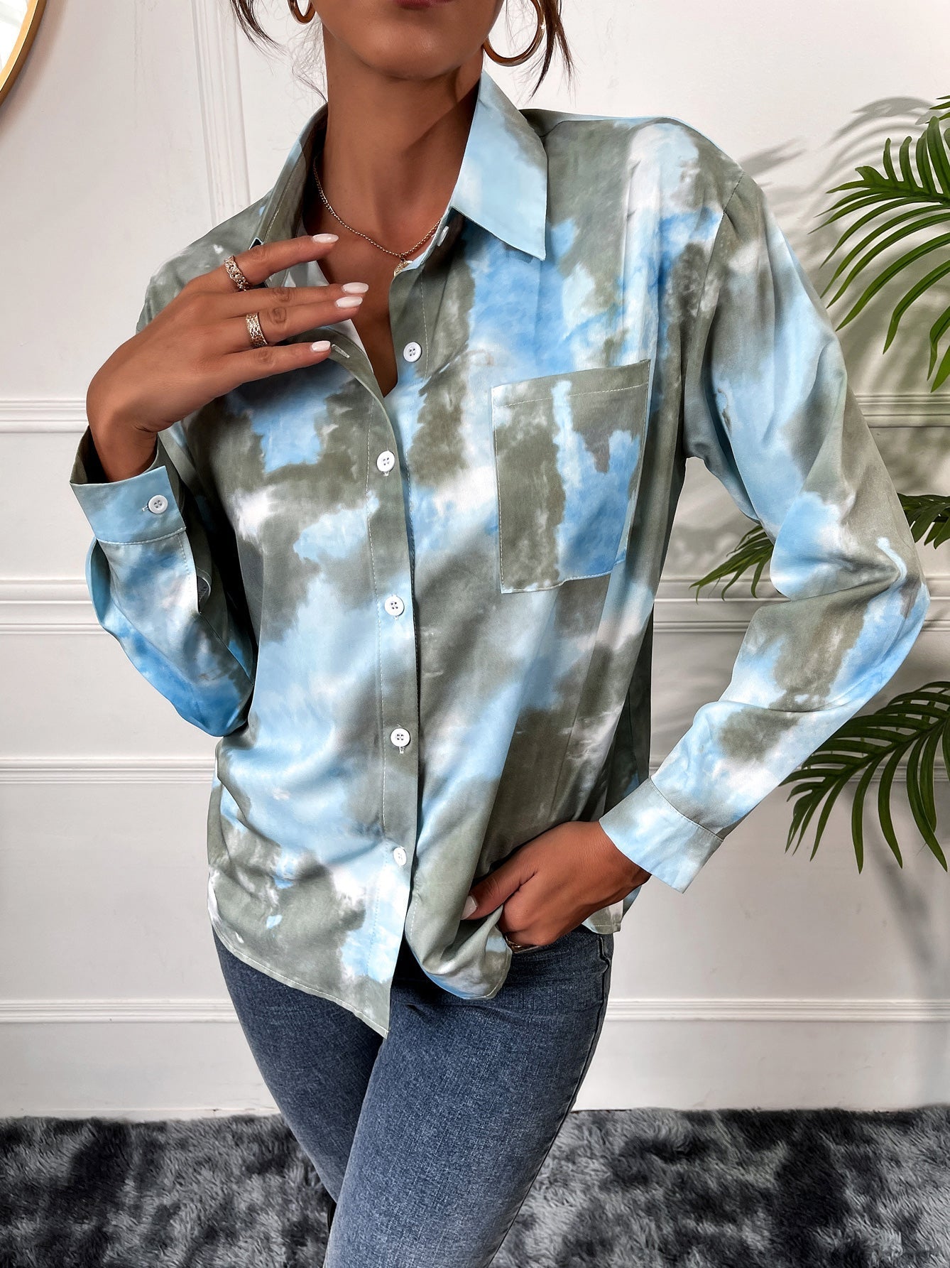 Women's Blouses Tie-Dye Printed Lapel Pocket Long Sleeve Blouse - LuckyFash™