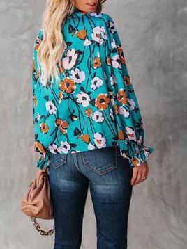 Women's Blouses Turtleneck Flower Pullover Lantern Long Sleeve Blouse - LuckyFash™