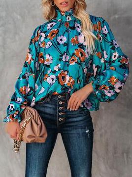 Women's Blouses Turtleneck Flower Pullover Lantern Long Sleeve Blouse - LuckyFash™