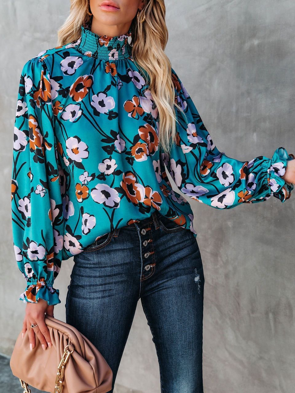 Women's Blouses Turtleneck Flower Pullover Lantern Long Sleeve Blouse - LuckyFash™