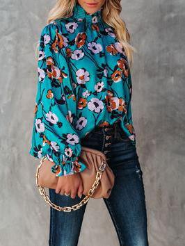 Women's Blouses Turtleneck Flower Pullover Lantern Long Sleeve Blouse - LuckyFash™