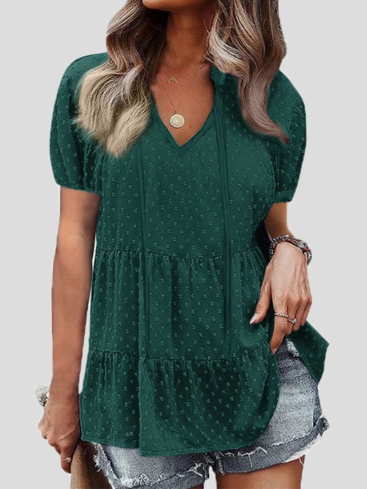 Women's Blouses V-Neck Belted Jacquard Bubble Short Sleeve Blouse - LuckyFash™