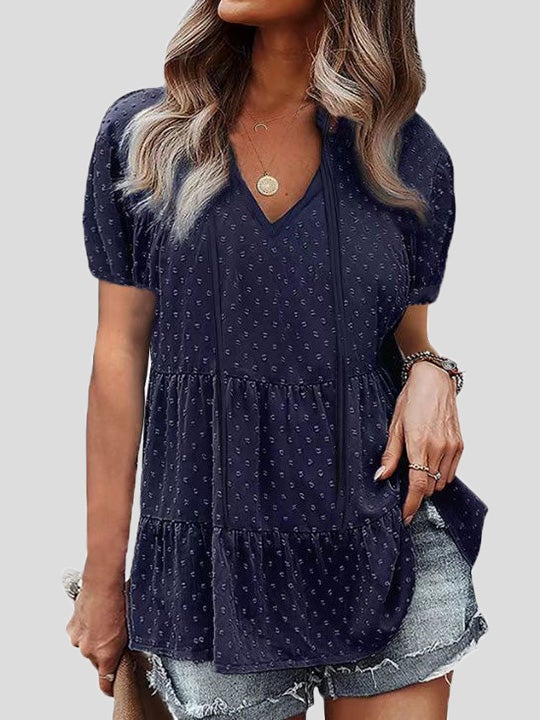 Women's Blouses V-Neck Belted Jacquard Bubble Short Sleeve Blouse - LuckyFash™