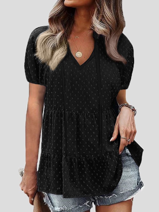 Women's Blouses V-Neck Belted Jacquard Bubble Short Sleeve Blouse - LuckyFash™
