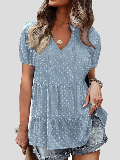 Women's Blouses V-Neck Belted Jacquard Bubble Short Sleeve Blouse - LuckyFash™