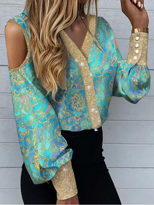 Women's Blouses V-Neck Bronzing Off-Shoulder Long Sleeve Blouse - LuckyFash™