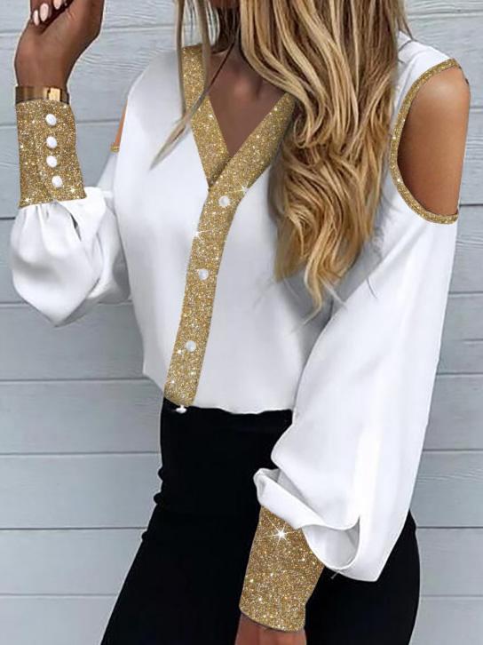 Women's Blouses V-Neck Bronzing Off-Shoulder Long Sleeve Blouse - LuckyFash™