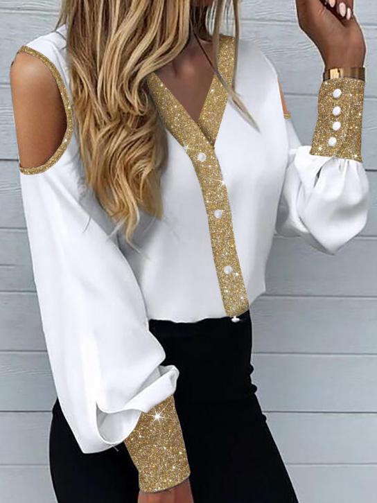 Women's Blouses V-Neck Bronzing Off-Shoulder Long Sleeve Blouse - LuckyFash™