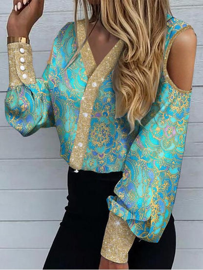 Women's Blouses V-Neck Bronzing Off-Shoulder Long Sleeve Blouse - LuckyFash™