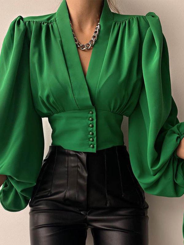 Women's Blouses V-Neck Button Lantern Long Sleeve Blouse - LuckyFash™