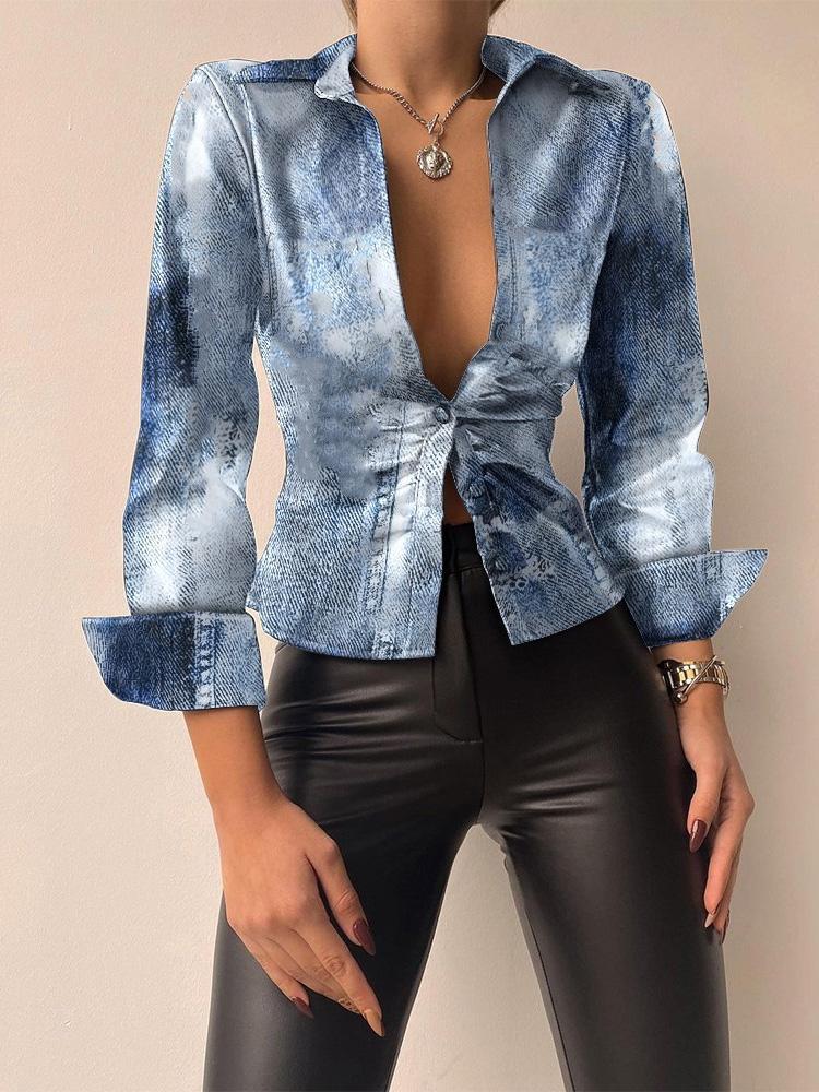 Blouses V-Neck Button Long Sleeve PU Leather Blouse - LuckyFash™