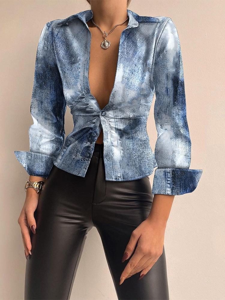 Blouses V-Neck Button Long Sleeve PU Leather Blouse - LuckyFash™