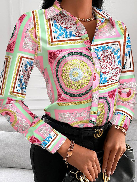 Women's Blouses V-Neck Button Printing Long Sleeve Blouse - LuckyFash™