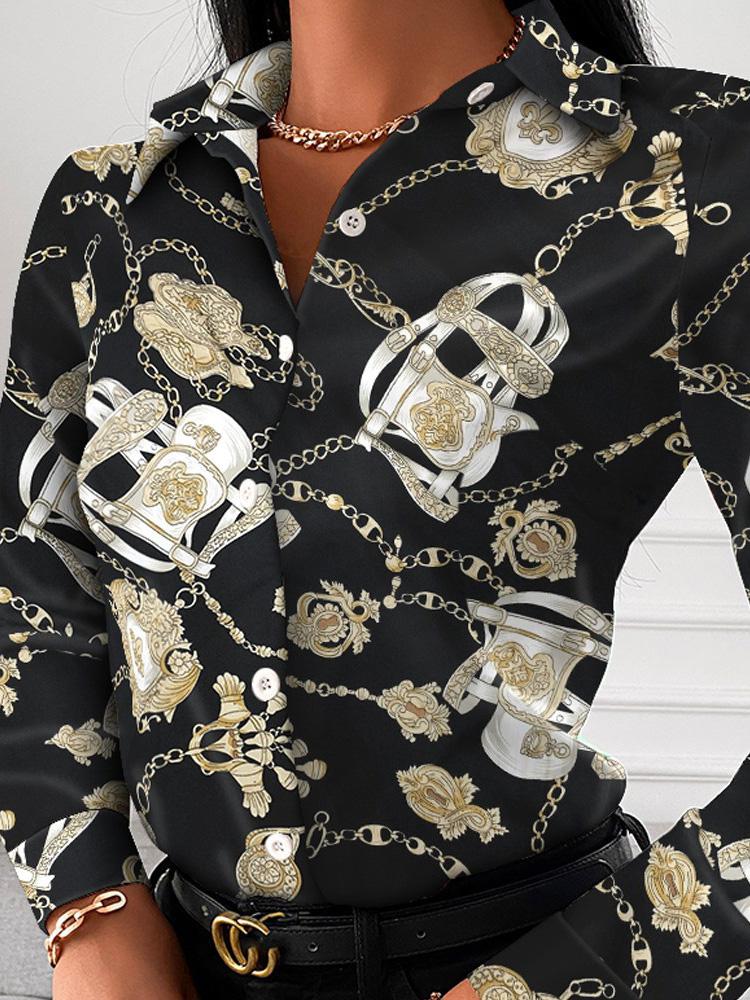 Women's Blouses V-Neck Button Printing Long Sleeve Blouse - LuckyFash™