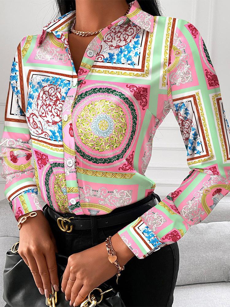 Women's Blouses V-Neck Button Printing Long Sleeve Blouse - LuckyFash™