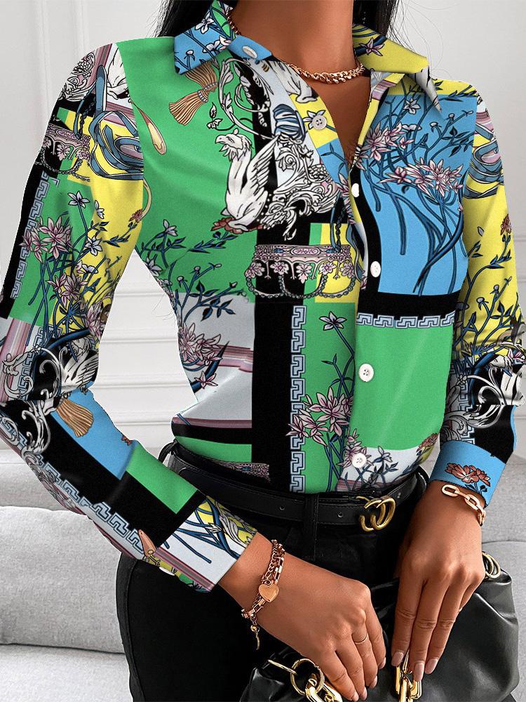 Women's Blouses V-Neck Button Printing Long Sleeve Blouse - LuckyFash™