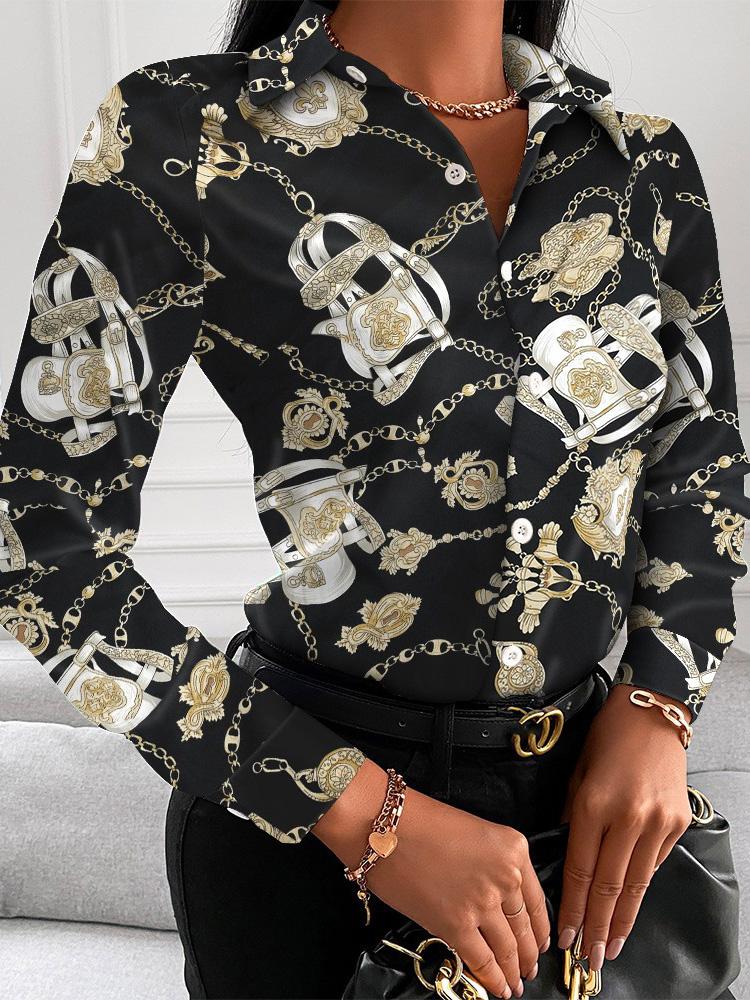 Women's Blouses V-Neck Button Printing Long Sleeve Blouse - LuckyFash™