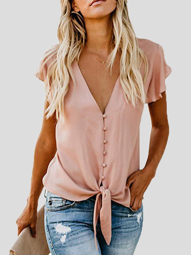 Women's Blouses V-Neck Buttoned Ruffle Sleeves Chiffon Blouse - LuckyFash™