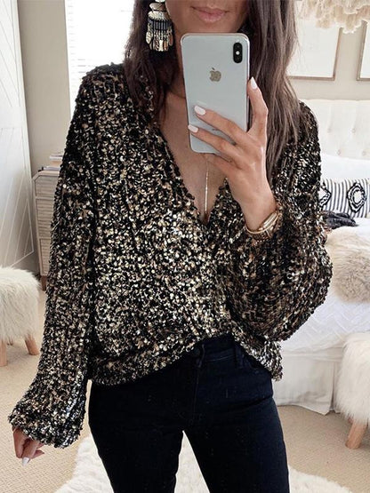 Women's Blouses V-Neck Cardigan Long Sleeve Sequins Blouse - LuckyFash™