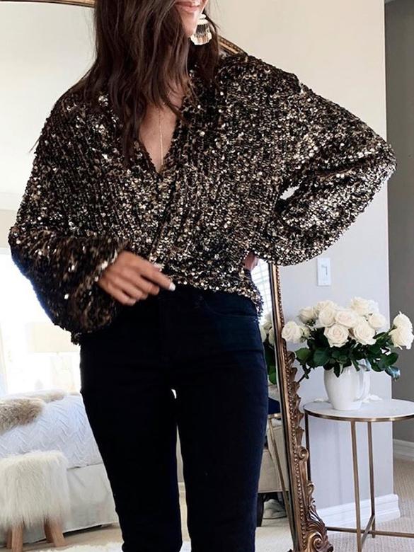 Women's Blouses V-Neck Cardigan Long Sleeve Sequins Blouse - LuckyFash™